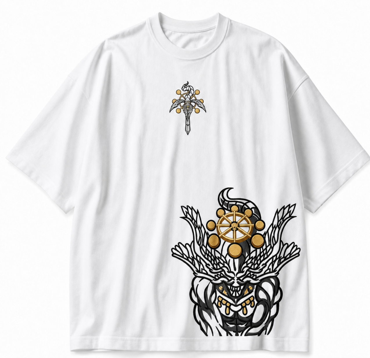 A white short-sleeve t-shirt with a detailed graphic print. The design features a small silver and gold key-like emblem on the upper chest, and a large black and gold anime-style character graphic on the lower front.